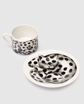 Fornasetti High Fidelity Quadrettato White Porcelain Tea Set with Cup and Saucer P39X2895