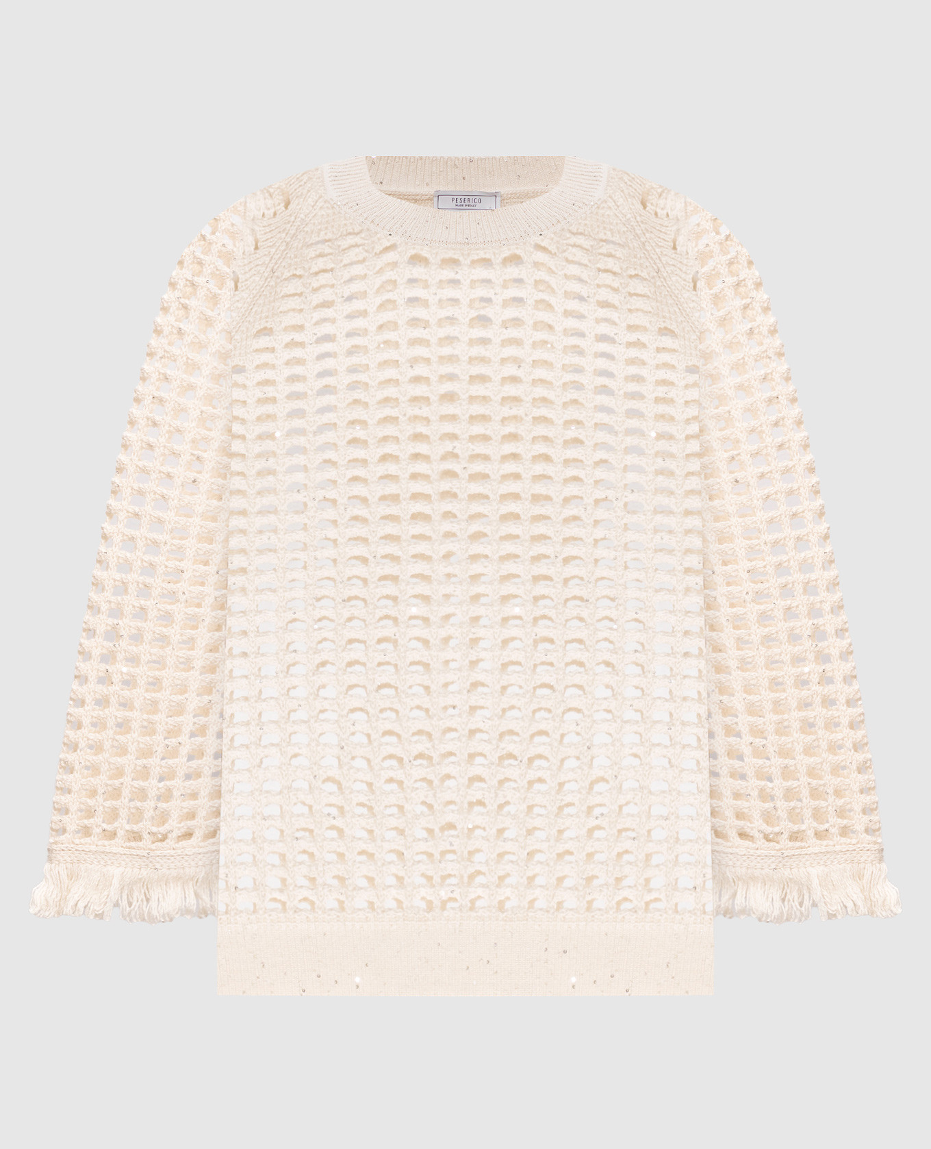Beige openwork jumper with sequins and fringe