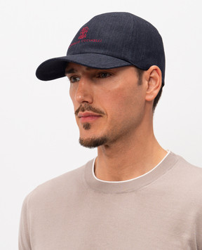 Brunello Cucinelli Blue linen cap with logo embroidery MH2489850