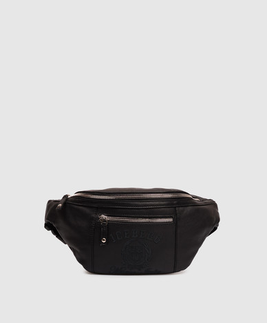 Black leather belt bag with embroidery