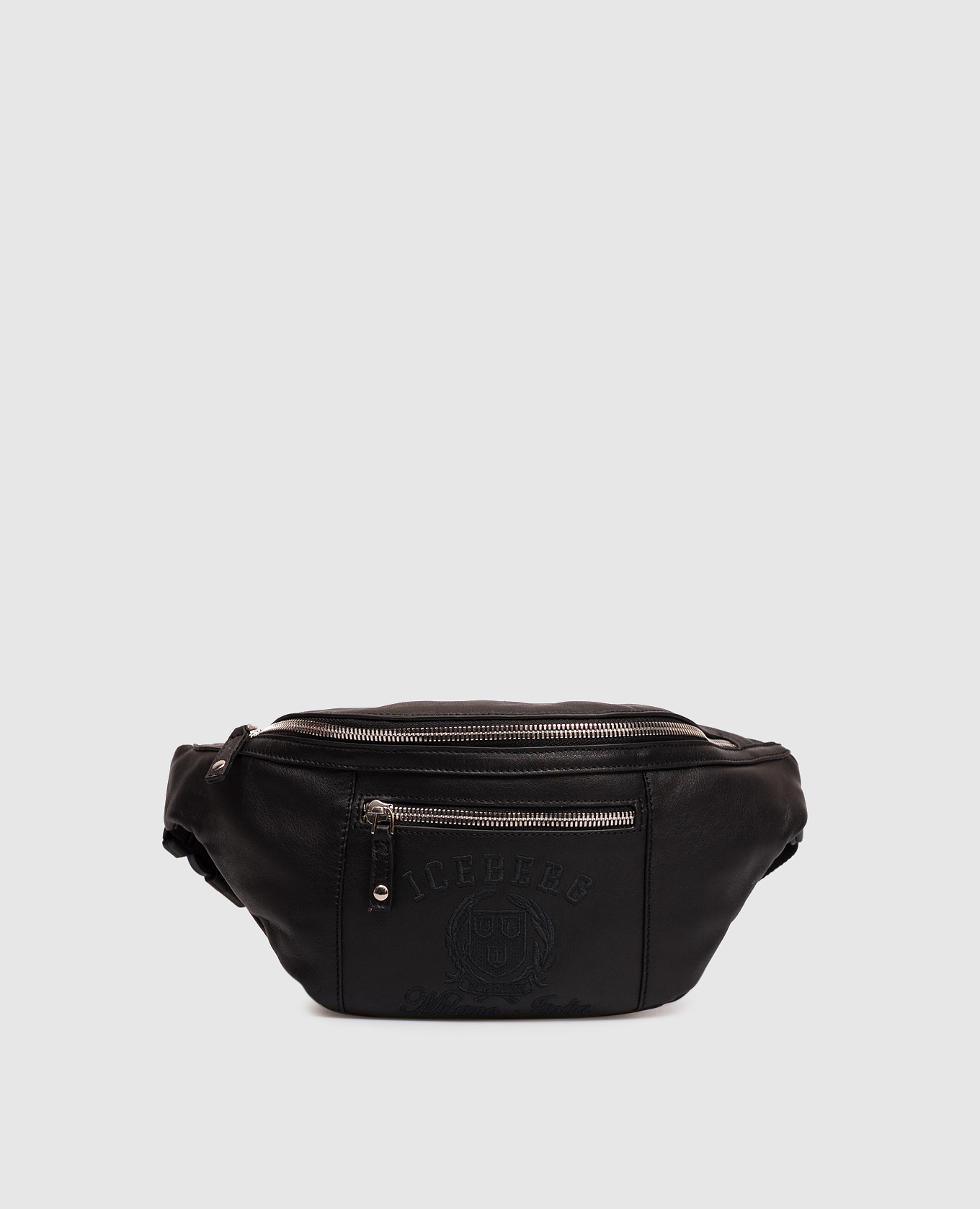 Black leather belt bag with embroidery