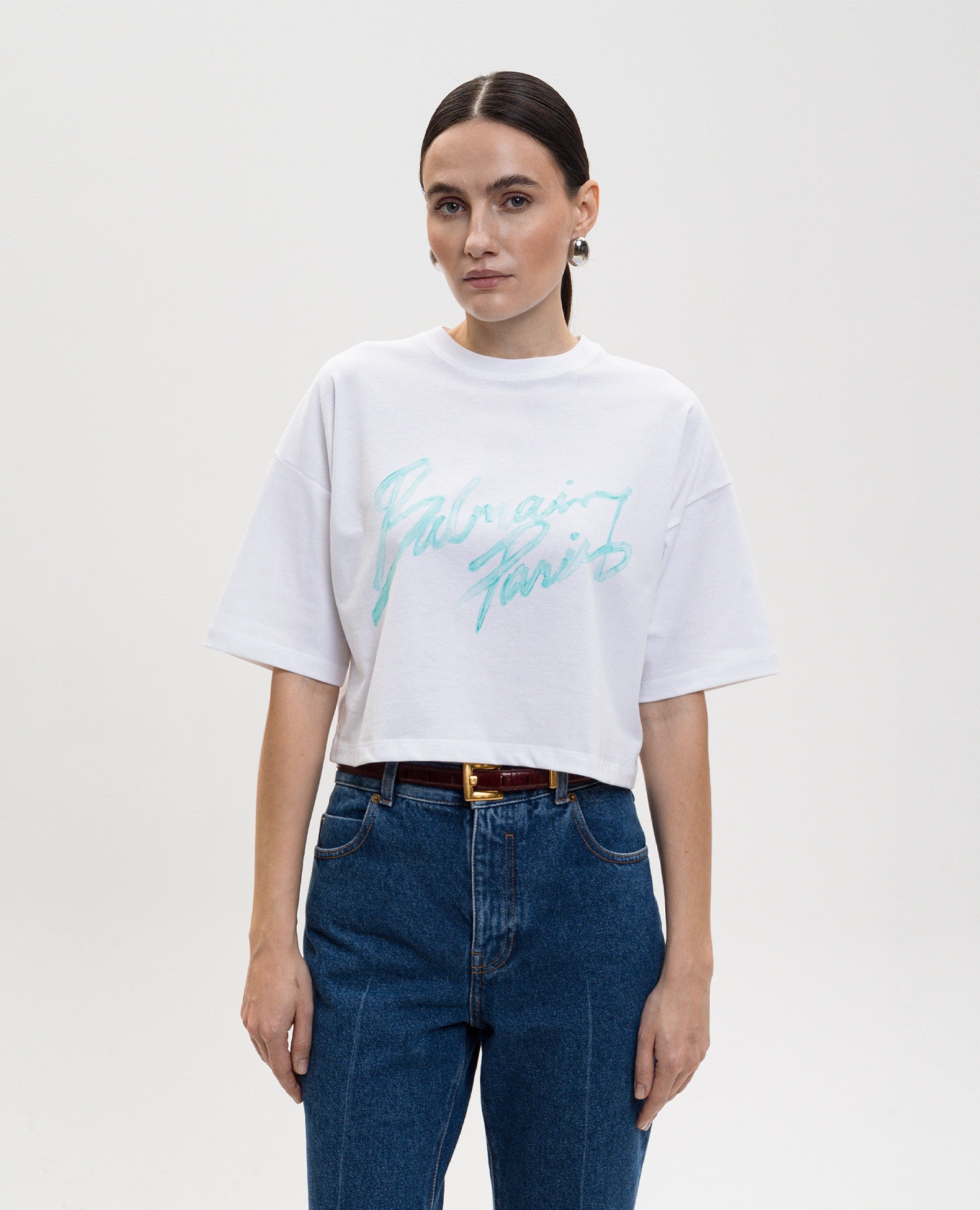 

White cropped T-shirt with logo Balmain, Black