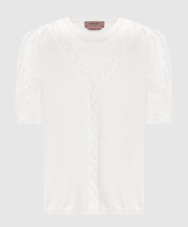 Ivory wool top with openwork pattern