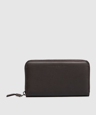 Brown leather wallet with logo print