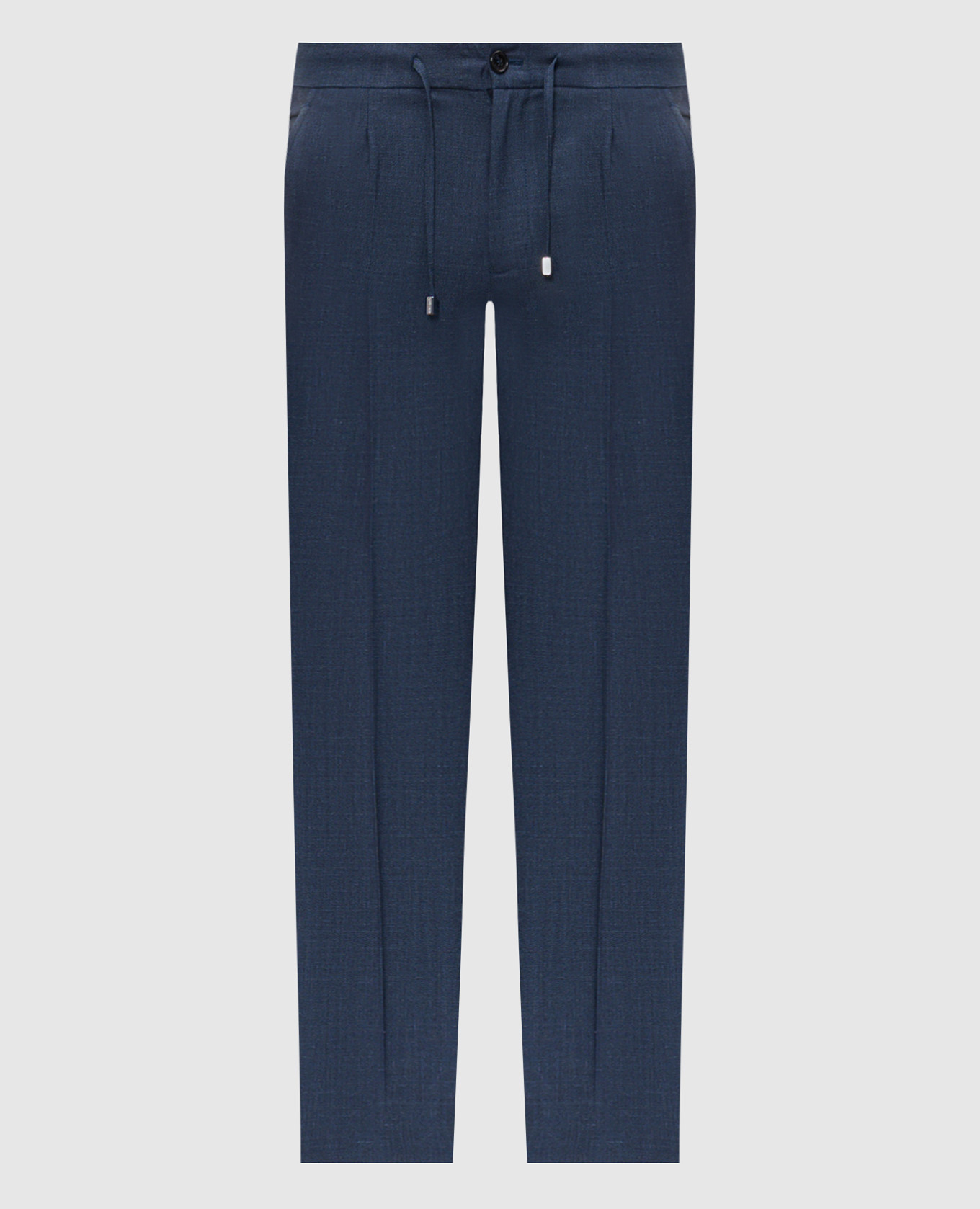 Blauwe broek van wol, zijde en linnen.