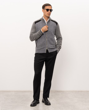 Stefano Ricci Grey cashmere and silk cardigan with crocodile leather K606398N16F26326