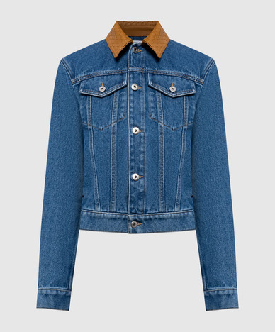 Veste en jean bleu à col en cuir