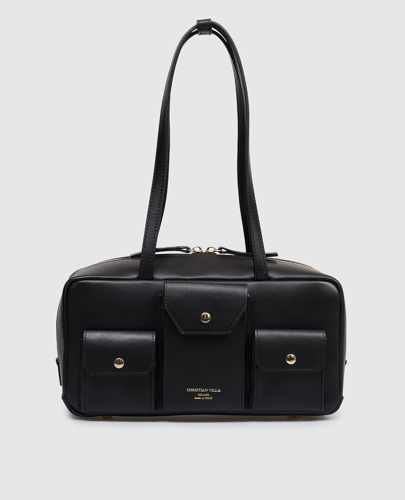 Black leather bag with logo print