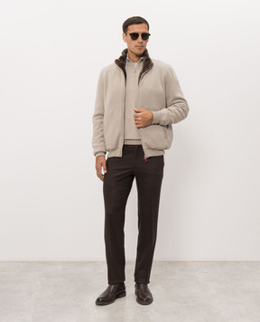 Kiton Beige cashmere jacket with fur trim UMK1489