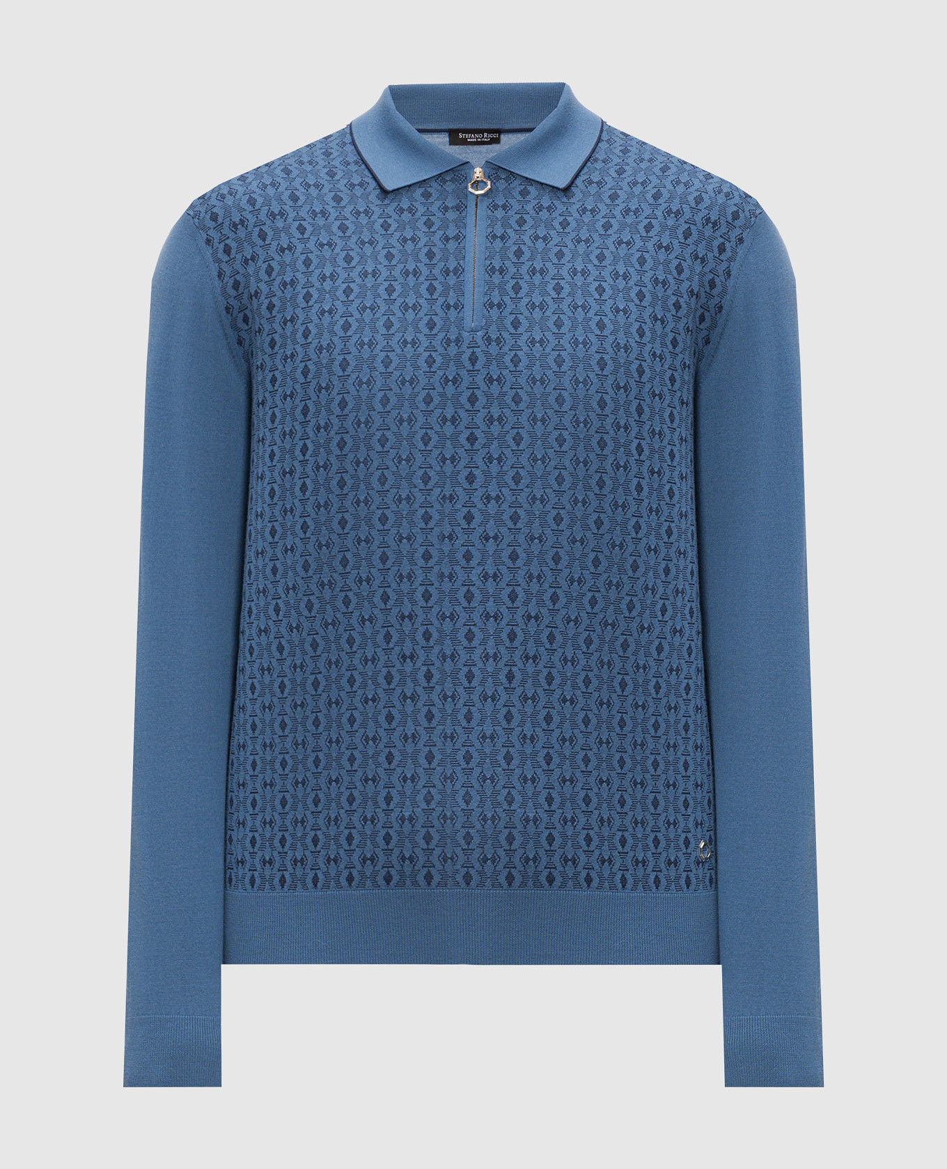 Blue wool and silk polo shirt with pattern