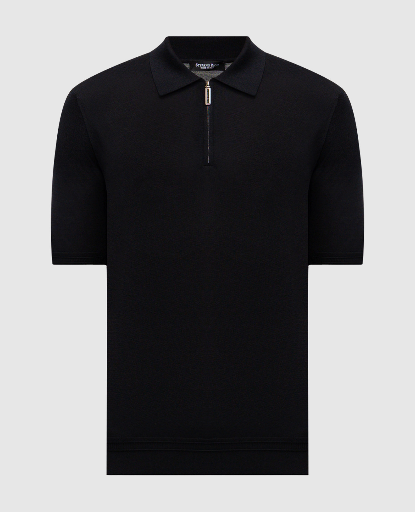 Black silk polo shirt with embroidered monogram logo