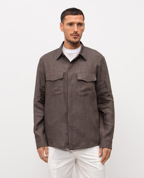 Canali Brown linen shirt with emblem AE0595831021