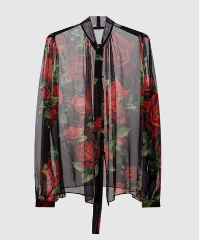 Zwarte zijden blouse met print