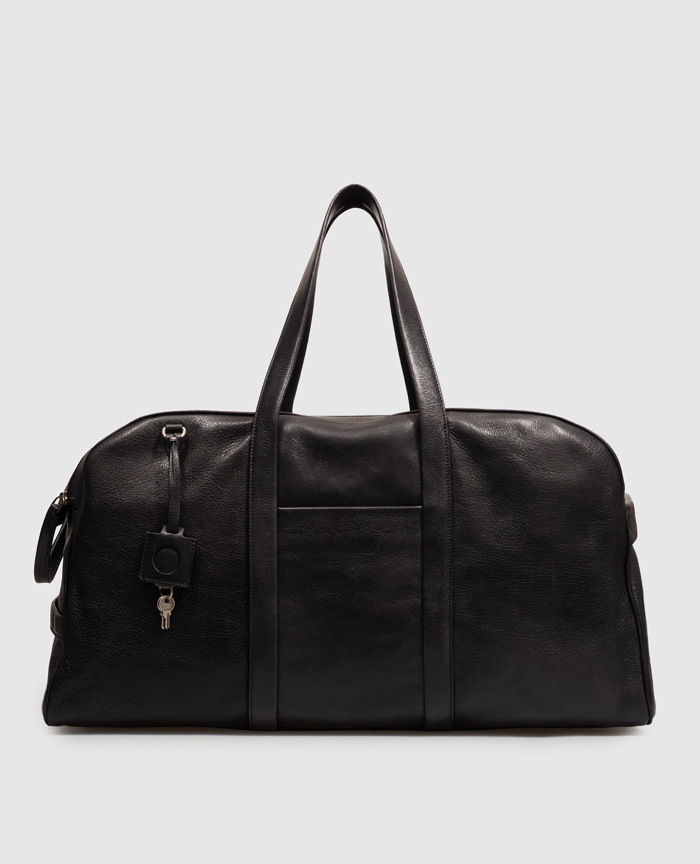 Black leather travel bag with textured logo