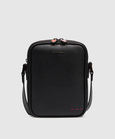 Black leather bag with metal logo