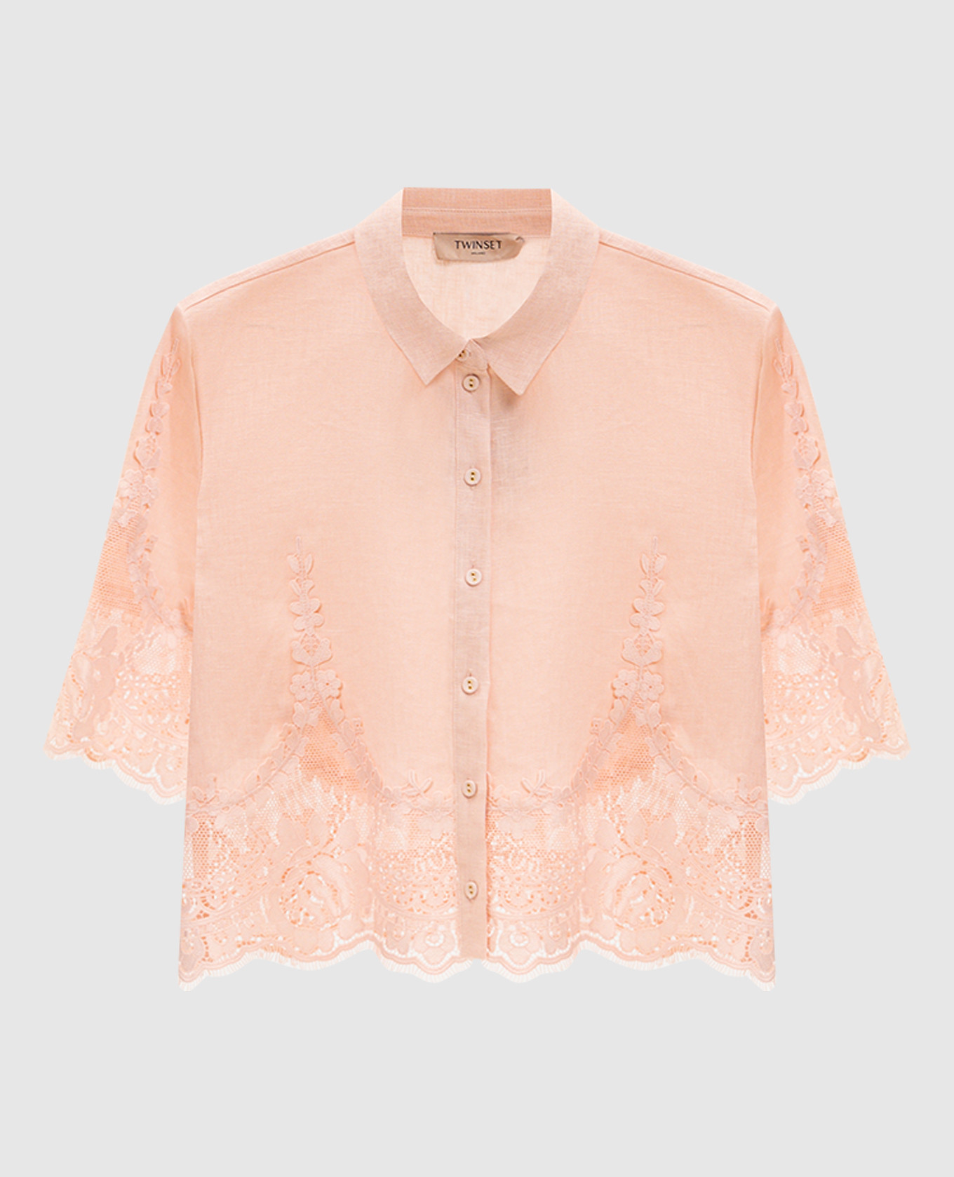 

Pink cropped linen blouse with lace Twinset