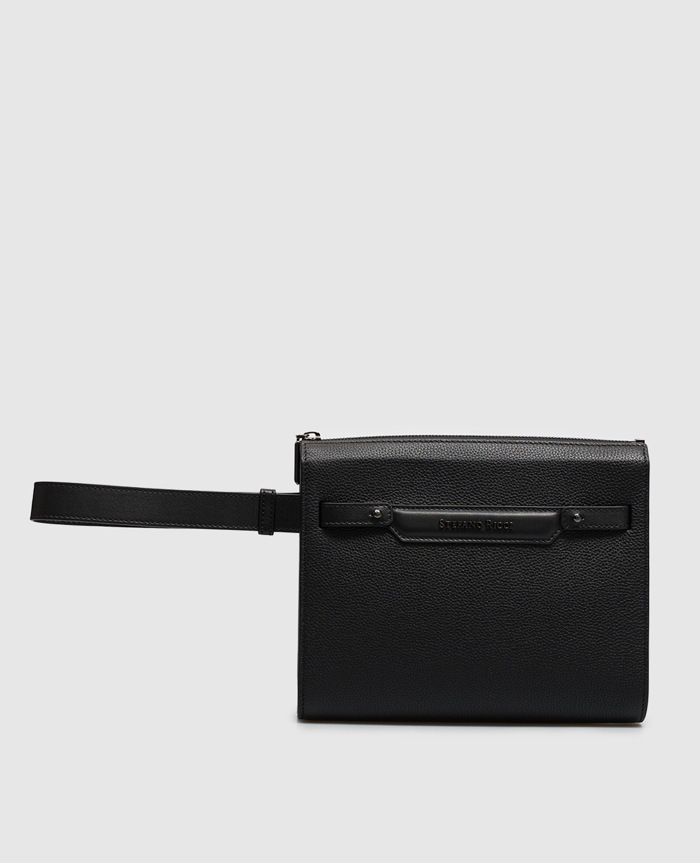 Black leather clutch with metal logo