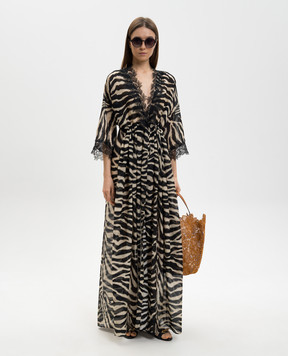 Ermanno Scervino Life Black animal print kimono maxi dress with lace D484Q702YAJI