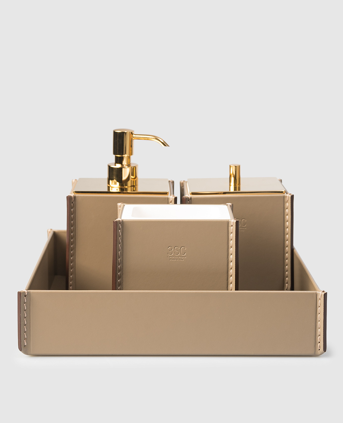 MERIDIEN leather bathroom set with dispenser, glass, organizer and stand