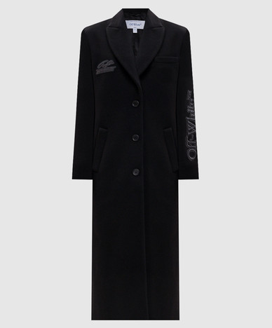 Black wool coat with logo embroidery