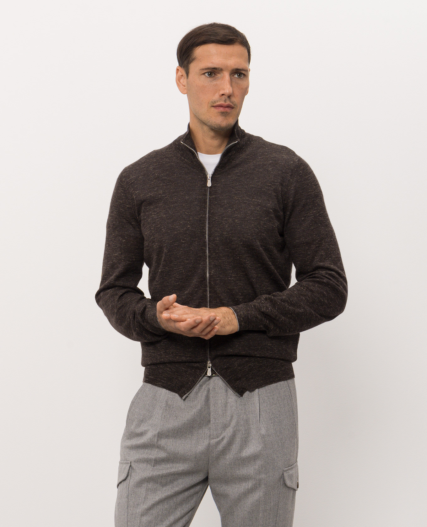 Brown melange cashmere, silk and linen cardigan Brunello Cucinelli 3