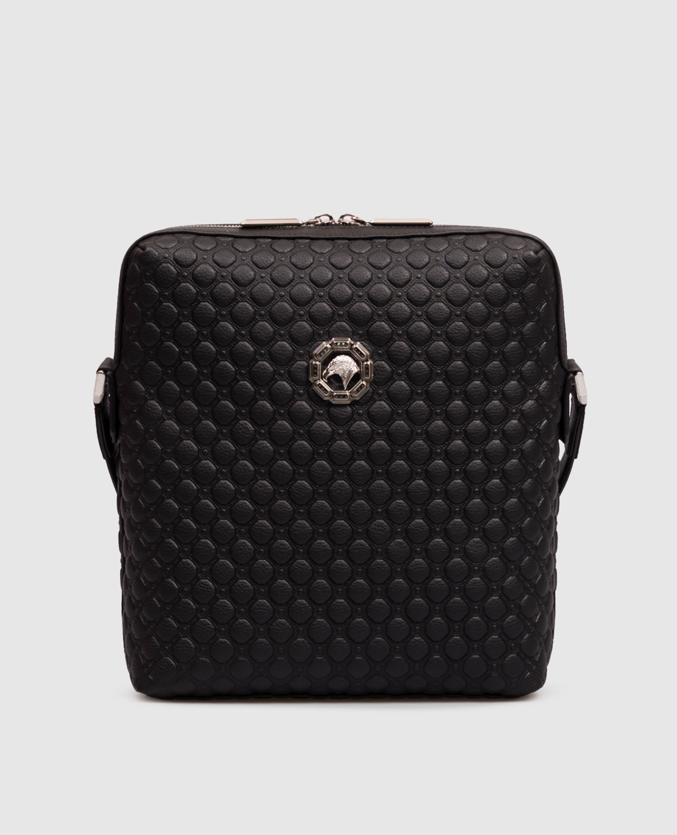 Black leather bag with brand embossing