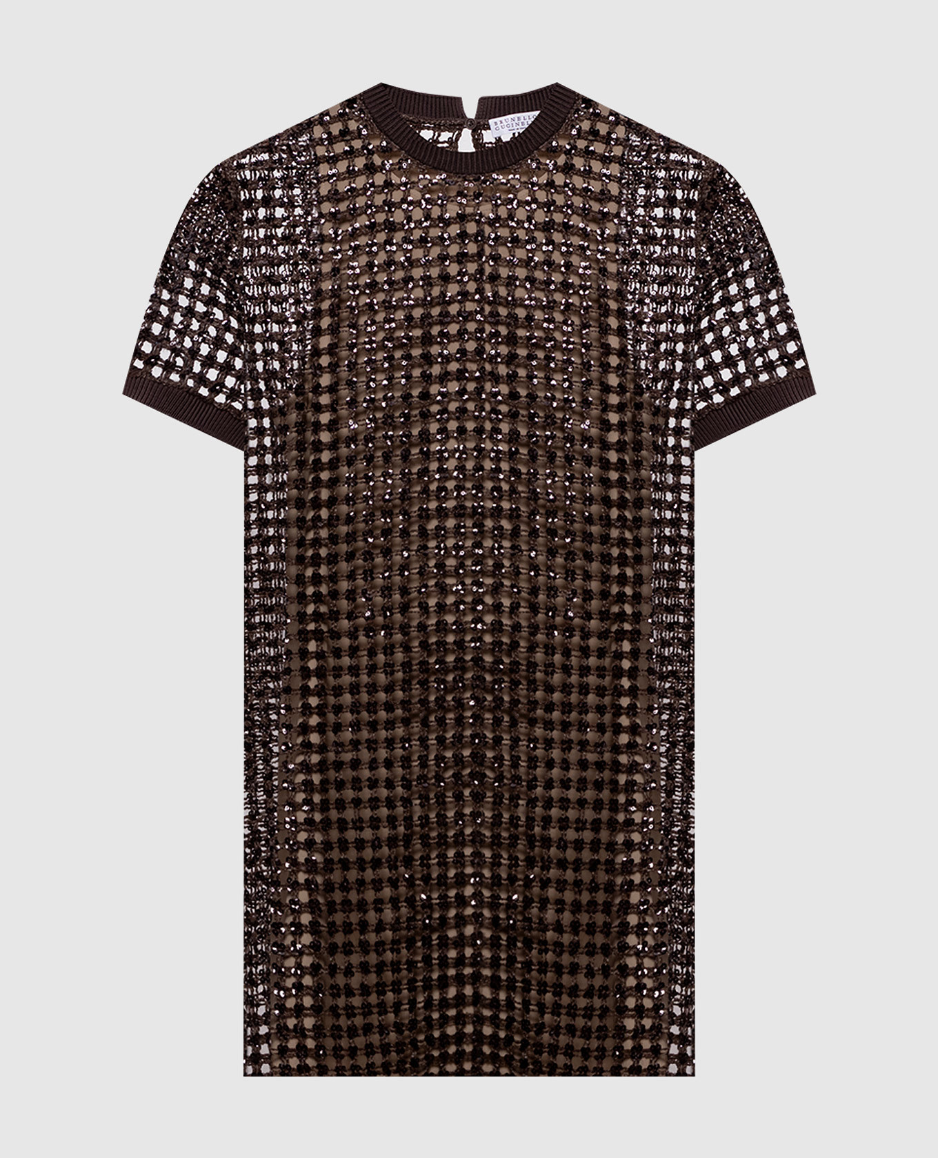 Brown openwork silk and linen dress with sequins Brunello Cucinelli