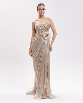 Iris Serban Adelaine gold dress with floral applique ADELAINE
