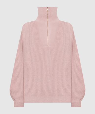 Pull en laine rose avec fermeture éclair