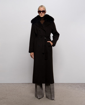 Yves Salomon Dark brown double-breasted wool and cashmere coat with fox fur 27WYM03130CARD