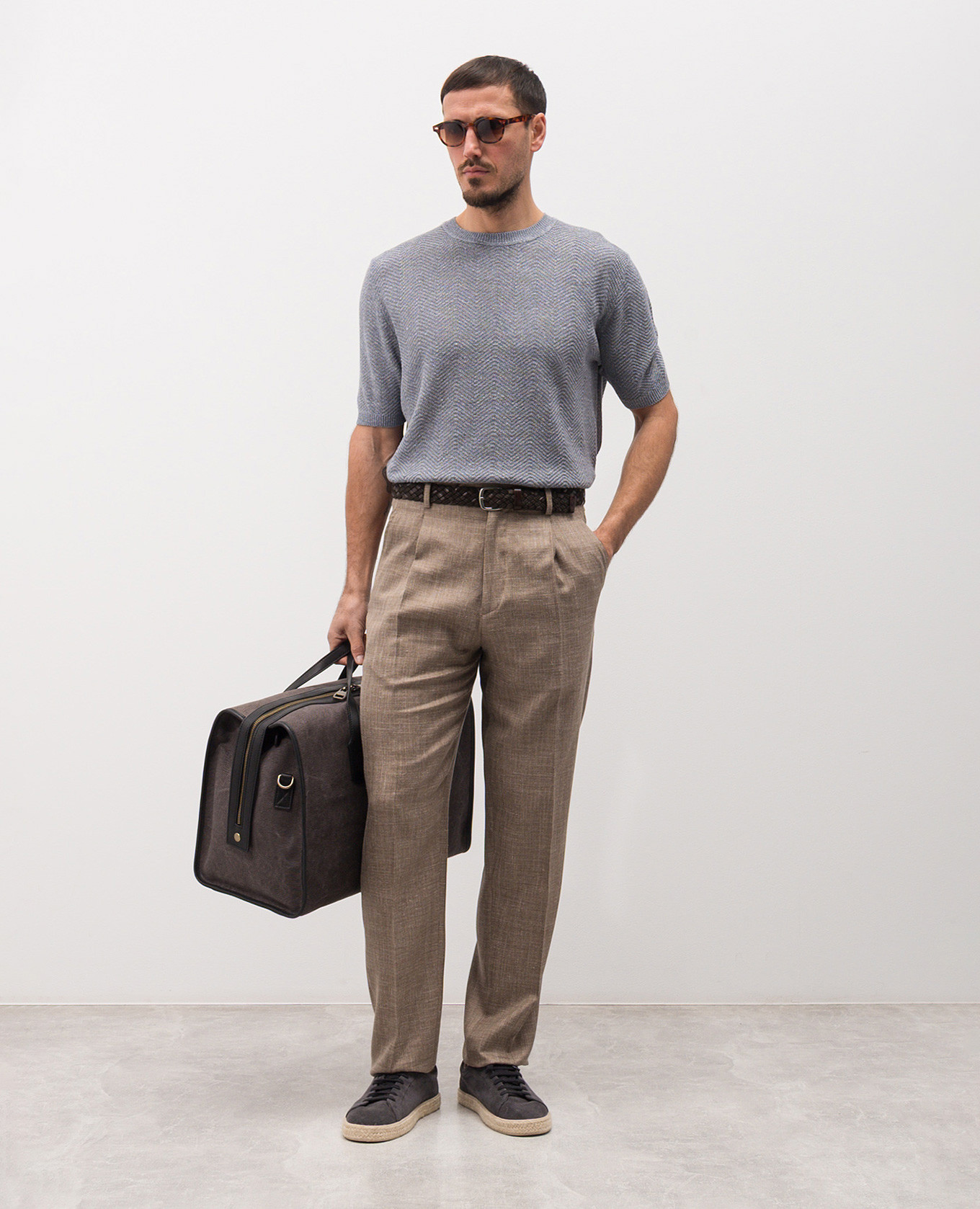 Brown wool, silk and linen patterned trousers Brett Johnson 2
