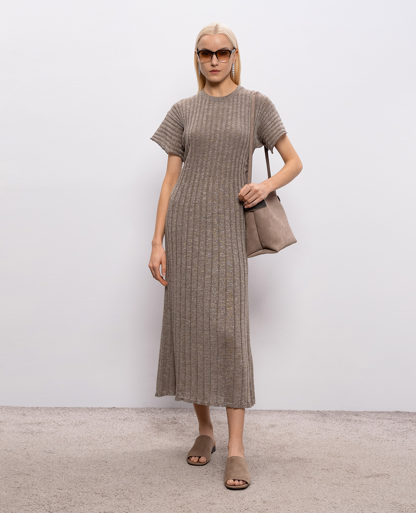 

Brown linen midi dress with lurex Brunello Cucinelli