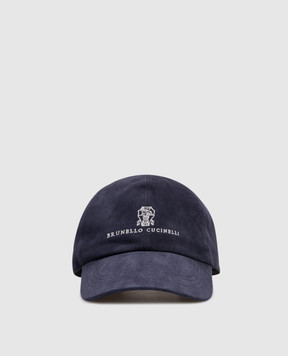 Brunello Cucinelli Blue suede cap with logo embroidery MPCLF9850
