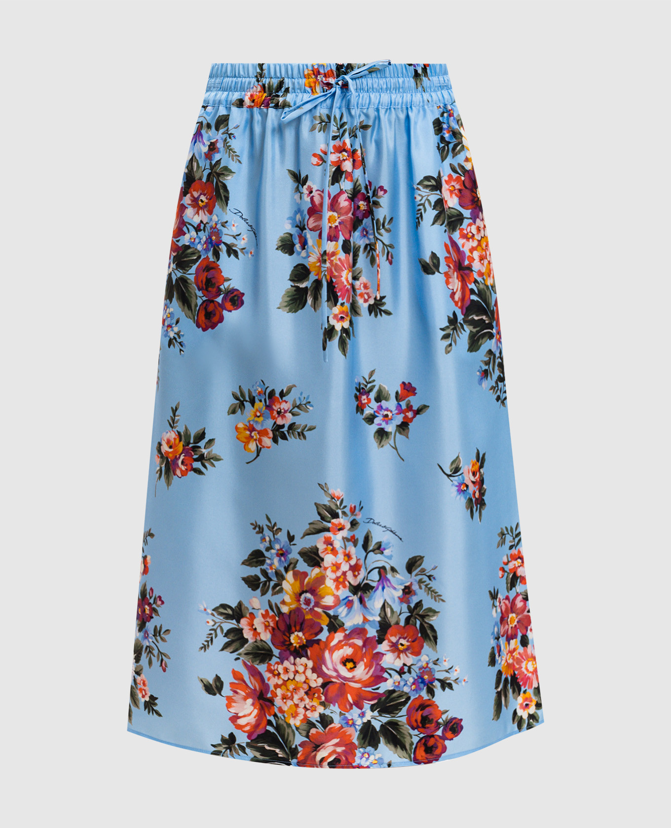 Blauwe zijden rok met bloemenprint
