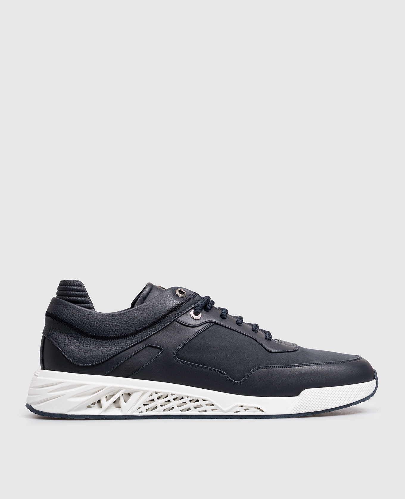 Blue leather sneakers with textured logo