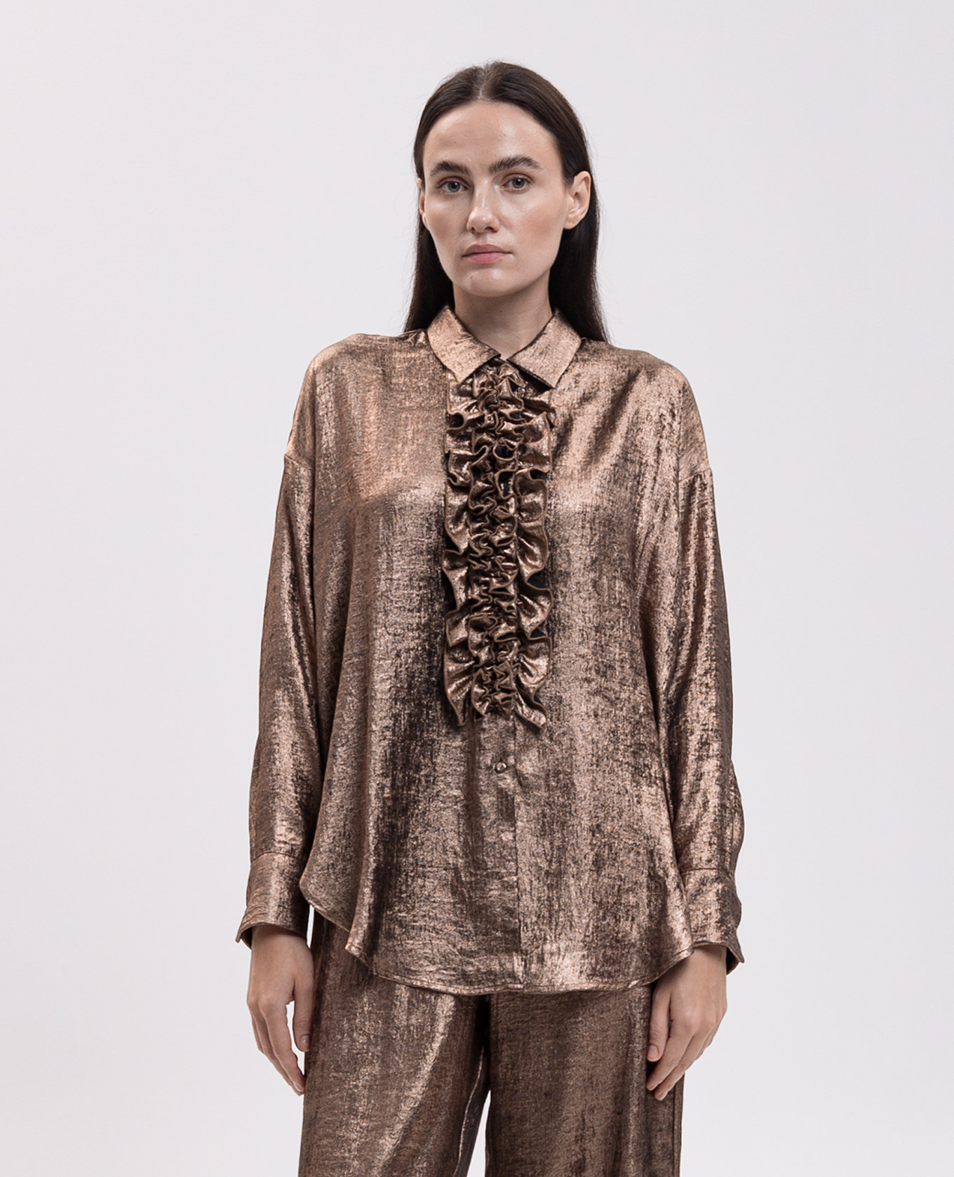 Bilancia Bis brown blouse with ruffles Momoni 3
