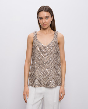 Brunello Cucinelli Beige silk top with embroidery and sequins MF940HN602