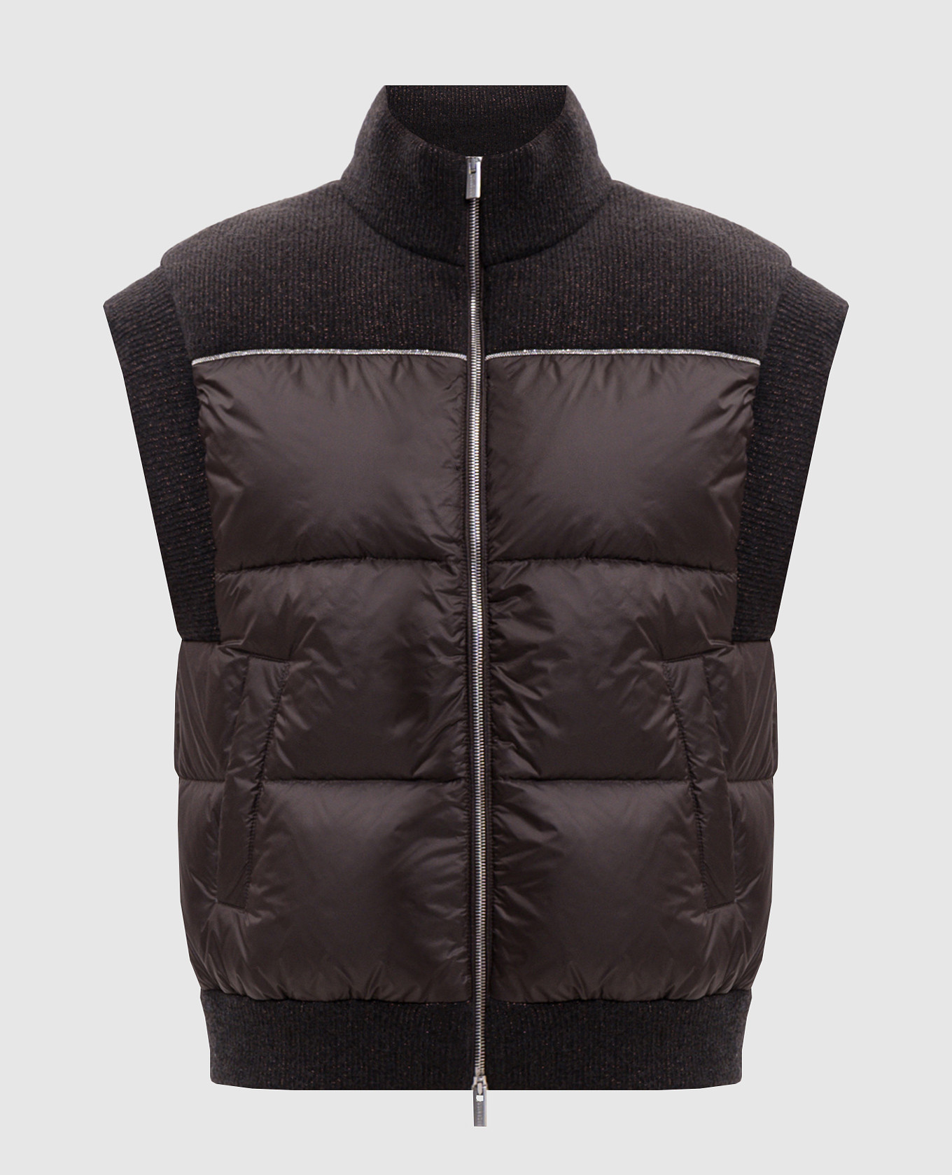 Brown down vest with monil chain