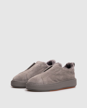 Santoni Gray suede slip-ons with fur WBCD61323PELPSAP