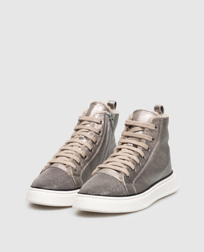 Brunello Cucinelli Children's silver leather high-tops with fur BZFAY1G409