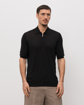 Enrico Mandelli Black silk polo shirt with logo patch 3K065A5674