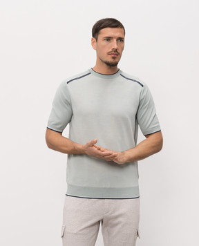 Stefano Ricci Green silk T-shirt with crocodile leather patches K616460G39F26222