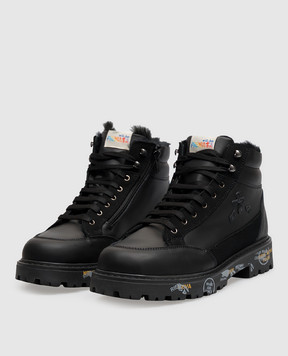 Premiata Children's black leather boots URBAN with fur 32M219488