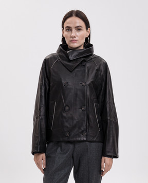 Peserico Black leather double-breasted jacket with monil chain A21075C03CC585