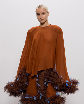 Rowen Rose Brown blouse with ostrich feathers TOPRR499