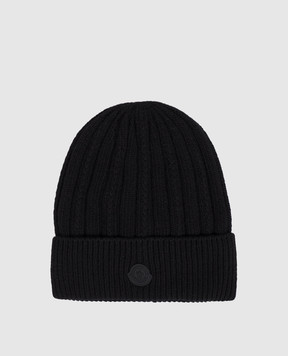 Moncler Black wool hat with logo patch L20933B00016M1241