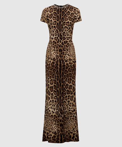 Robe longue en soie imprimée marron
