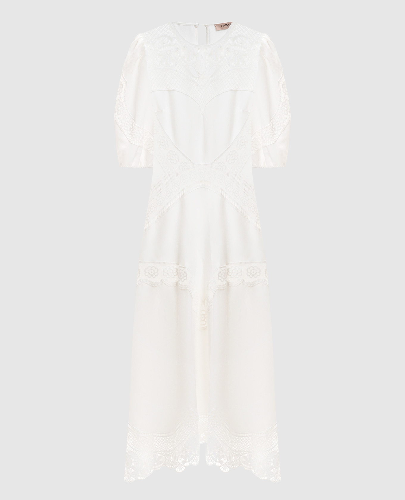 White linen dress with openwork inserts
