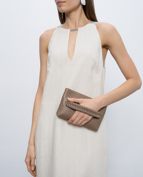 Peserico Brown leather clutch with monil chain E38387C0RCC845