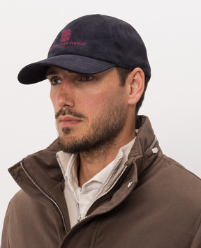 Brunello Cucinelli Blue suede cap with embroidered emblem MPCLF9850